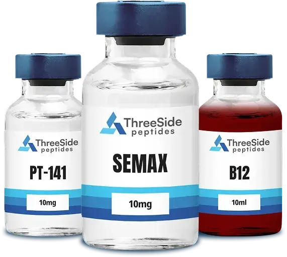 ThreeSide Peptides product vials labeled Semax, PT-141, and B12